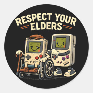 Pegatina Redonda Respeta a los mayores retro gaming divertido contr