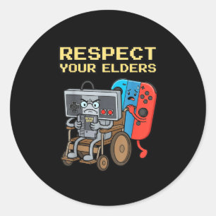 Pegatina Redonda Respeta a tus mayores Retro Gaming divertido Gamer