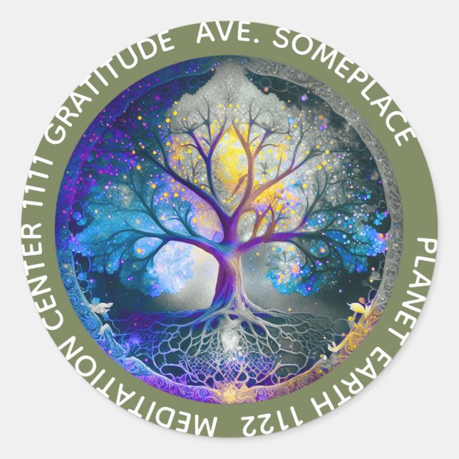 Pegatina Redonda Resplandor Celestial | Árbol de la Vida (Anverso)