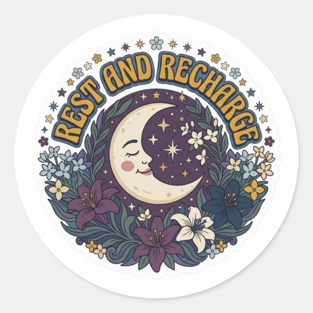 Pegatina Redonda Rest and Recharge Moon Sticker - Retro 70s Celesti (Anverso)