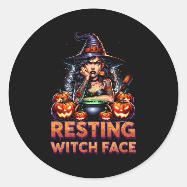 Pegatina Redonda Resting Witch Face Funny Sarcastic Halloween Rude  (Anverso)