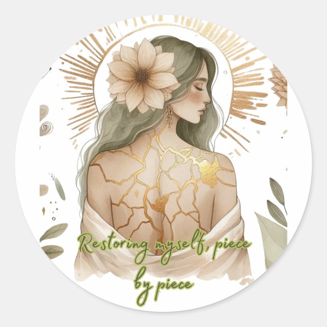 Pegatina Redonda Restoring Myself with Love – Kintsugi Art (Anverso)