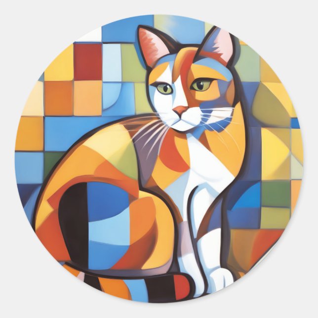 Pegatina Redonda Resumen Belleza felina Calico Cat Cubist (Anverso)
