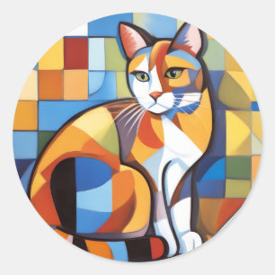 Pegatina Redonda Resumen Belleza felina Calico Cat Cubist