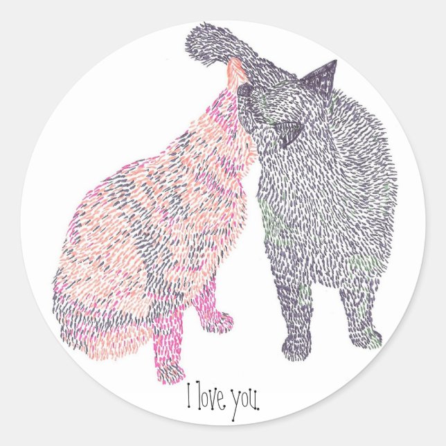 Pegatina Redonda Resumen beso Cat 1, te amo pegatinas. (Anverso)