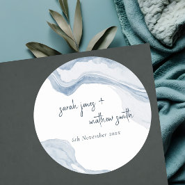 Pegatina Redonda Resumen Boda de acuarela de Blue Coastal Beach