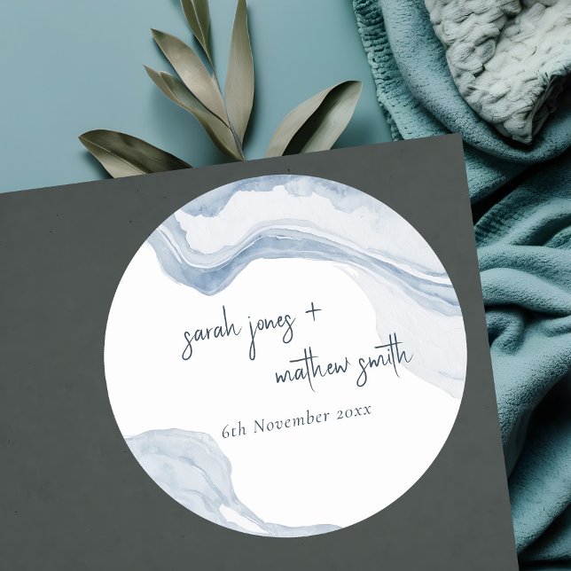 Pegatina Redonda Resumen Boda de acuarela de Blue Coastal Beach (Subido por el creador)