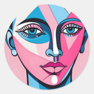 Pegatina Redonda Resumen de arte de cara azul y rosa