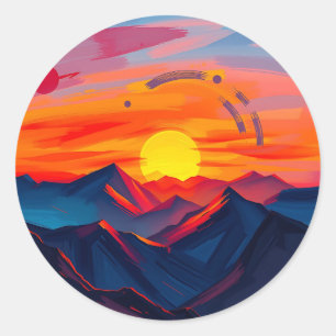 Pegatina Redonda Resumen de la puesta de sol sobre las montañas con
