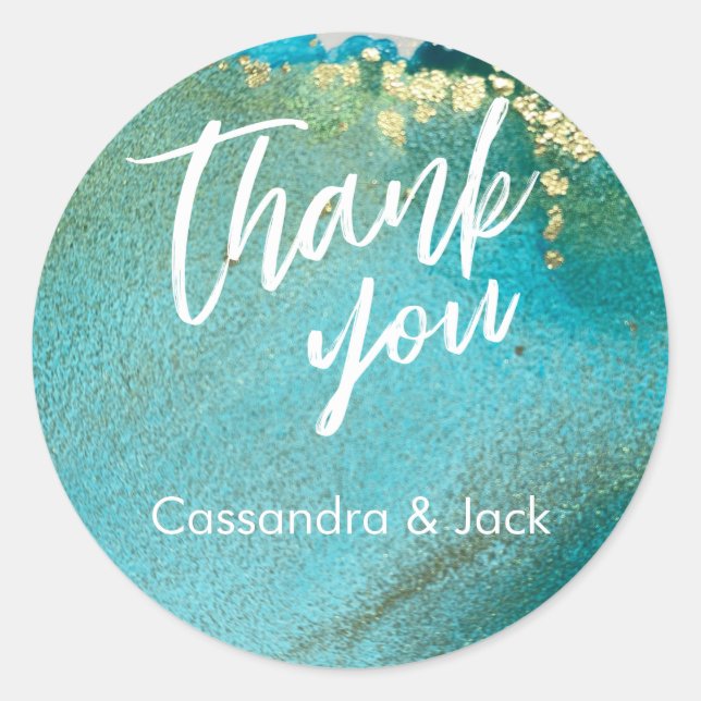 Pegatina Redonda Resumen de líquido verde azulado y dorado a mano c (Anverso)