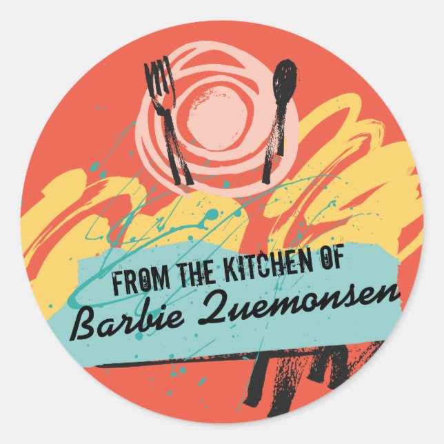 Pegatina Redonda Resumen de los utensilios del plato de la cocina d