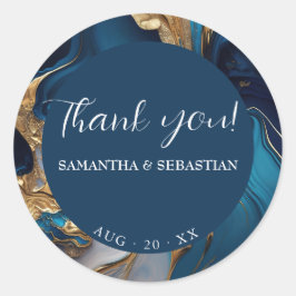 Pegatina Redonda Resumen de oro líquido en mármol azul