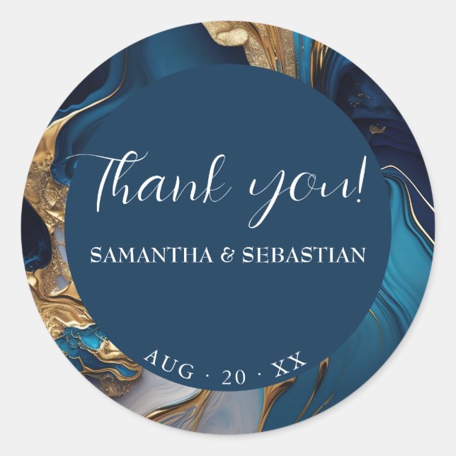 Pegatina Redonda Resumen de oro líquido en mármol azul (Anverso)