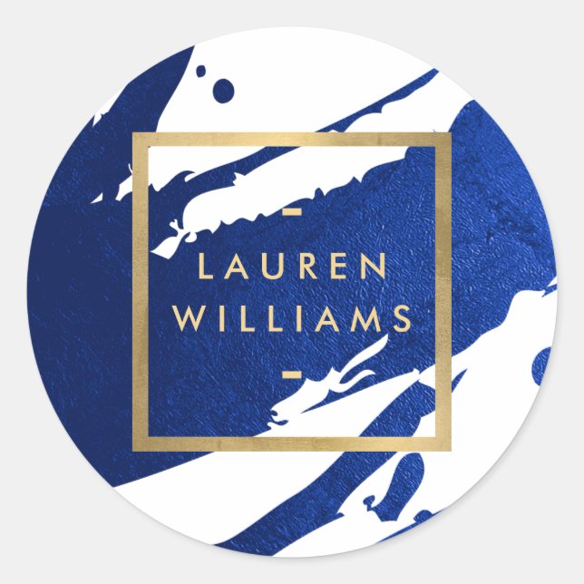 Pegatina Redonda Resumen de pinceles azules índigo (Anverso)