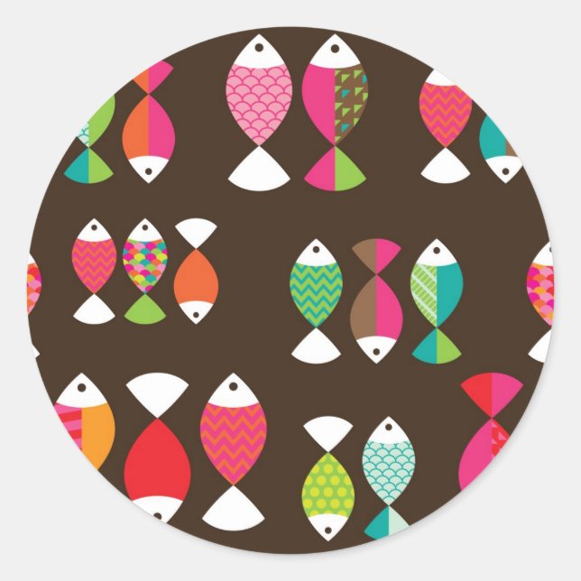 Pegatina Redonda Resumen del patrón submarino de peces retro 2 (Anverso)