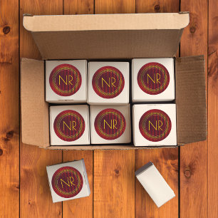 Pegatina Redonda Resumen Elegante Masculino Rojo Amarillo Monograma