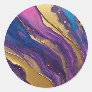 Pegatina Redonda Resumen Flujo Art-Blue Pink and Gold-