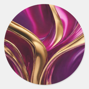 Pegatina Redonda Resumen Flujo Art-Fuchsia Purple y Gold-