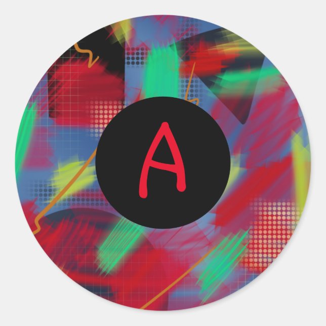 Pegatina Redonda Resumen luminoso y alegre monograma de arte digita (Anverso)