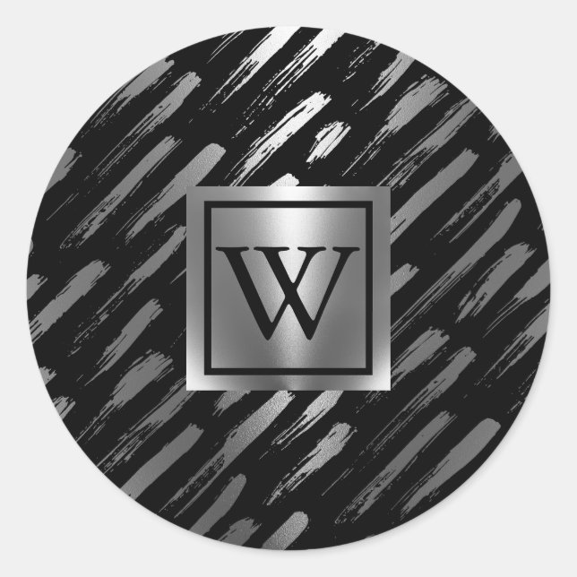 Pegatina Redonda Resumen metálico negro y plateado (Anverso)