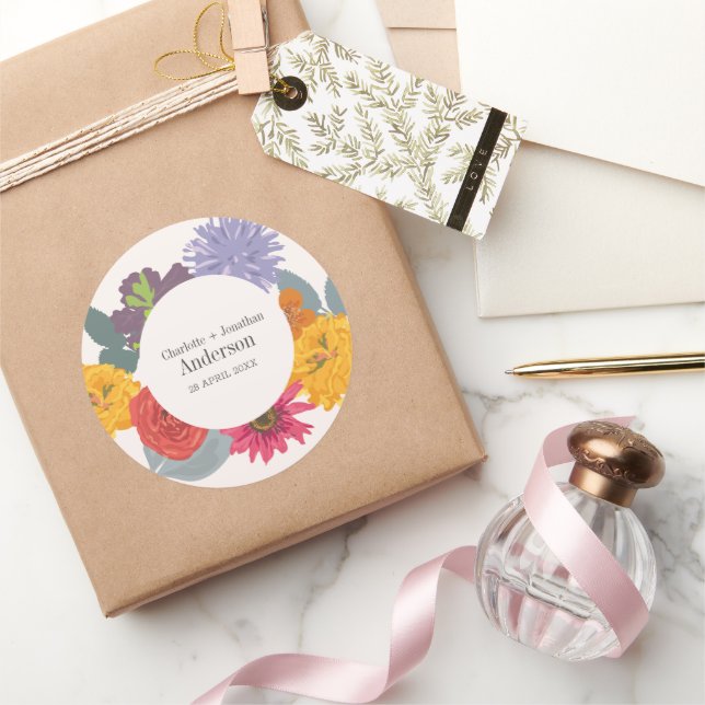 Pegatina Redonda Resumen moderno Nombres de parejas Bodas florales (Regalar)