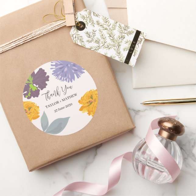 Pegatina Redonda Resumen moderno Nombres de parejas Bodas florales (Regalar)