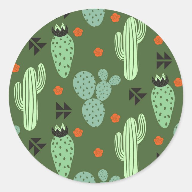Pegatina Redonda Resumen Patrón del Desierto de Hipster Cactus (Anverso)