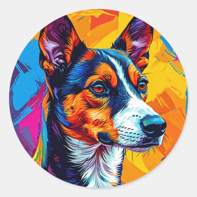Pegatina Redonda Resumen Perro Basenji Geométrico Elegante Mascota (Anverso)