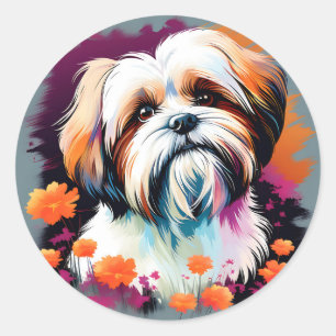 Pegatina Redonda Resumen Shih Tzu Perro con flores