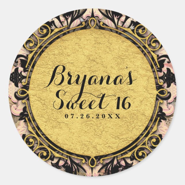 Pegatina Redonda Resumen Swirl Pink Black & Gold Glam Party Favor (Anverso)