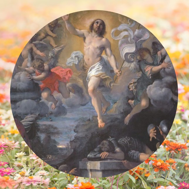 Pegatina Redonda Resurrección barroca católica Jesucristo Pascua (Baroque Religious Christian Catholic Art Resurrection of Jesus Christ Easter Classic Round Sticker)