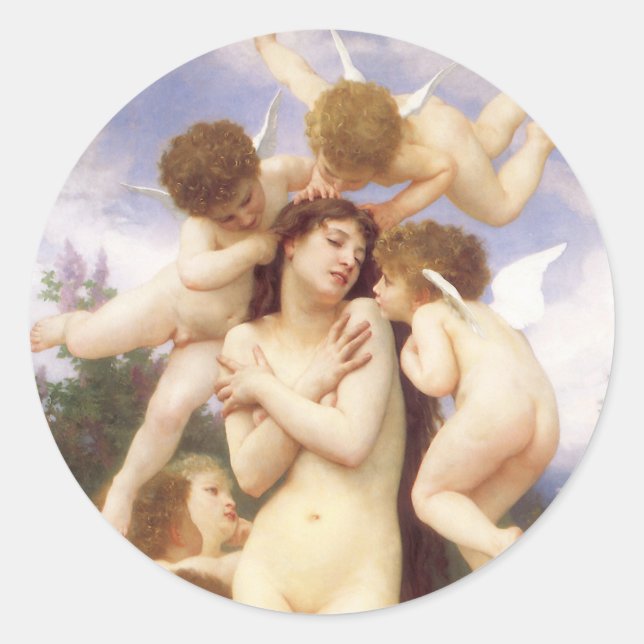 Pegatina Redonda Retorno de primavera (Le Printemps) por Bouguereau (Anverso)
