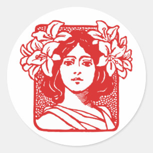 Pegatina Redonda Retrato Art Nouveau de mujer con lirios