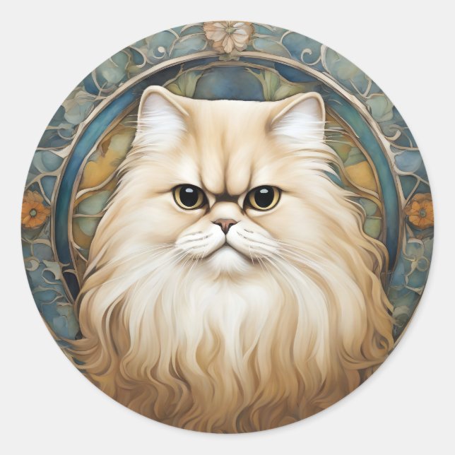 Pegatina Redonda Retrato Art Nouveau de un gato persa (Anverso)