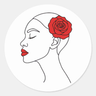 Pegatina Redonda Retrato artístico de mujer con rosa rojo