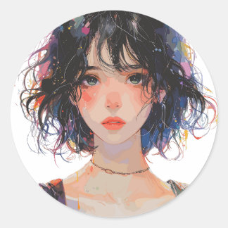 Pegatina Redonda Retrato artístico japonés de Chica