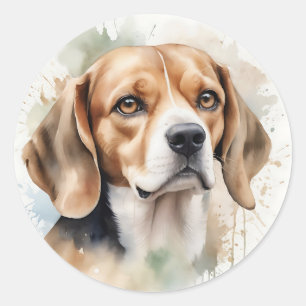 Pegatina Redonda Retrato Beagle de color de agua suave con líquido