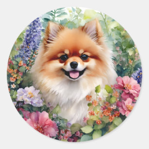 Pegatina Redonda Retrato de acuarela floral de Pomerania