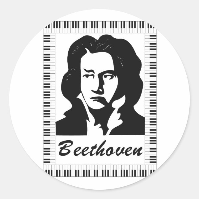 Pegatina Redonda retrato de beethoven con marco de clave de piano (Anverso)