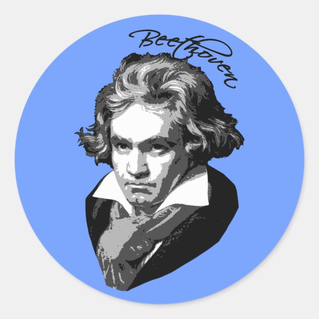 Pegatina Redonda Retrato de Beethoven en camisetas de T, tazas, reg (Anverso)