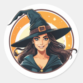 Pegatina Redonda Retrato de bruja de Halloween de dibujos animados