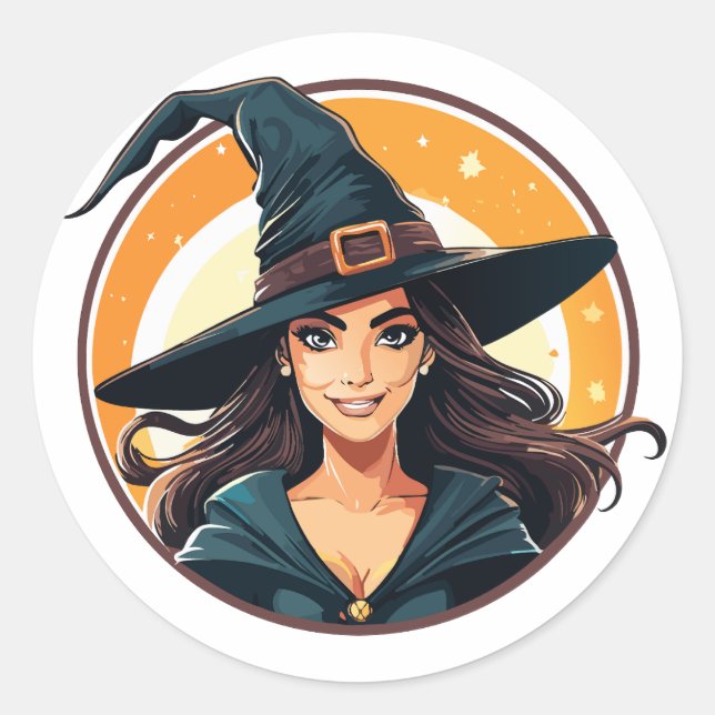 Pegatina Redonda Retrato de bruja de Halloween de dibujos animados (Anverso)