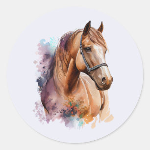 Pegatina Redonda Retrato de cabeza de caballo marrón en acuarela