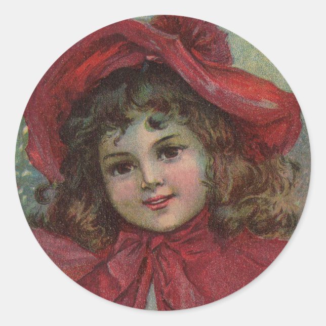 Pegatina Redonda Retrato de Chica de Gorra rojo infantil victoriano (Anverso)