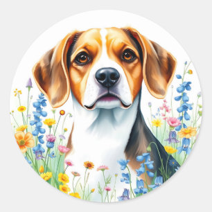 Pegatina Redonda Retrato de color beagle con flor salvaje vibrante