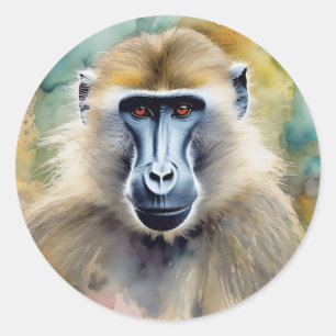 Pegatina Redonda Retrato de color de agua de Baboon