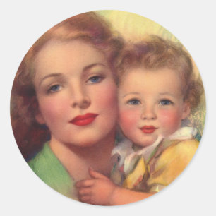 Pegatina Redonda Retrato de familia vintage de madre e hijo