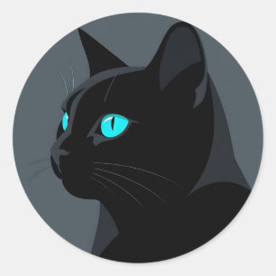 Pegatina Redonda Retrato de Gato Negro con Ojos Azules