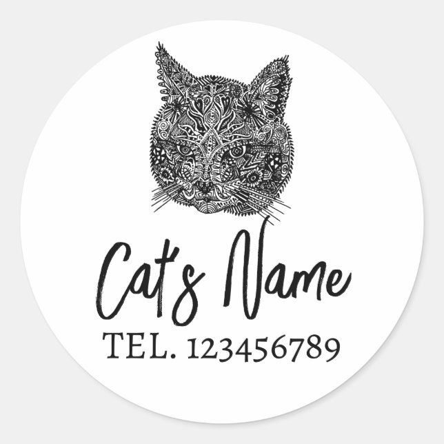 Pegatina Redonda Retrato de gato ornamental blanco y negro (Anverso)