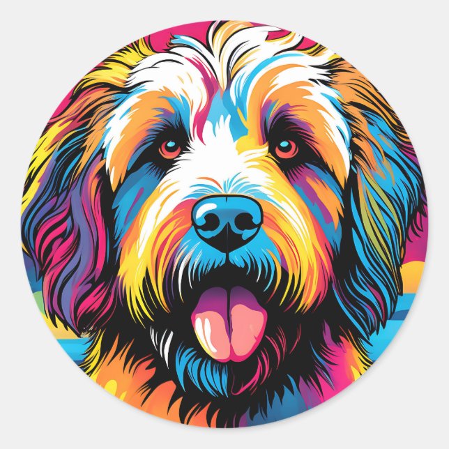 Pegatina Redonda Retrato de Labradoodle de Arte Pop (Anverso)